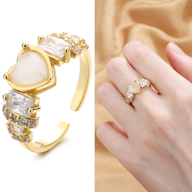 Fancyqube Cincin Model Terbuka Bentuk Hati Geometris Bahan Zirkon Opal Untuk Wanita