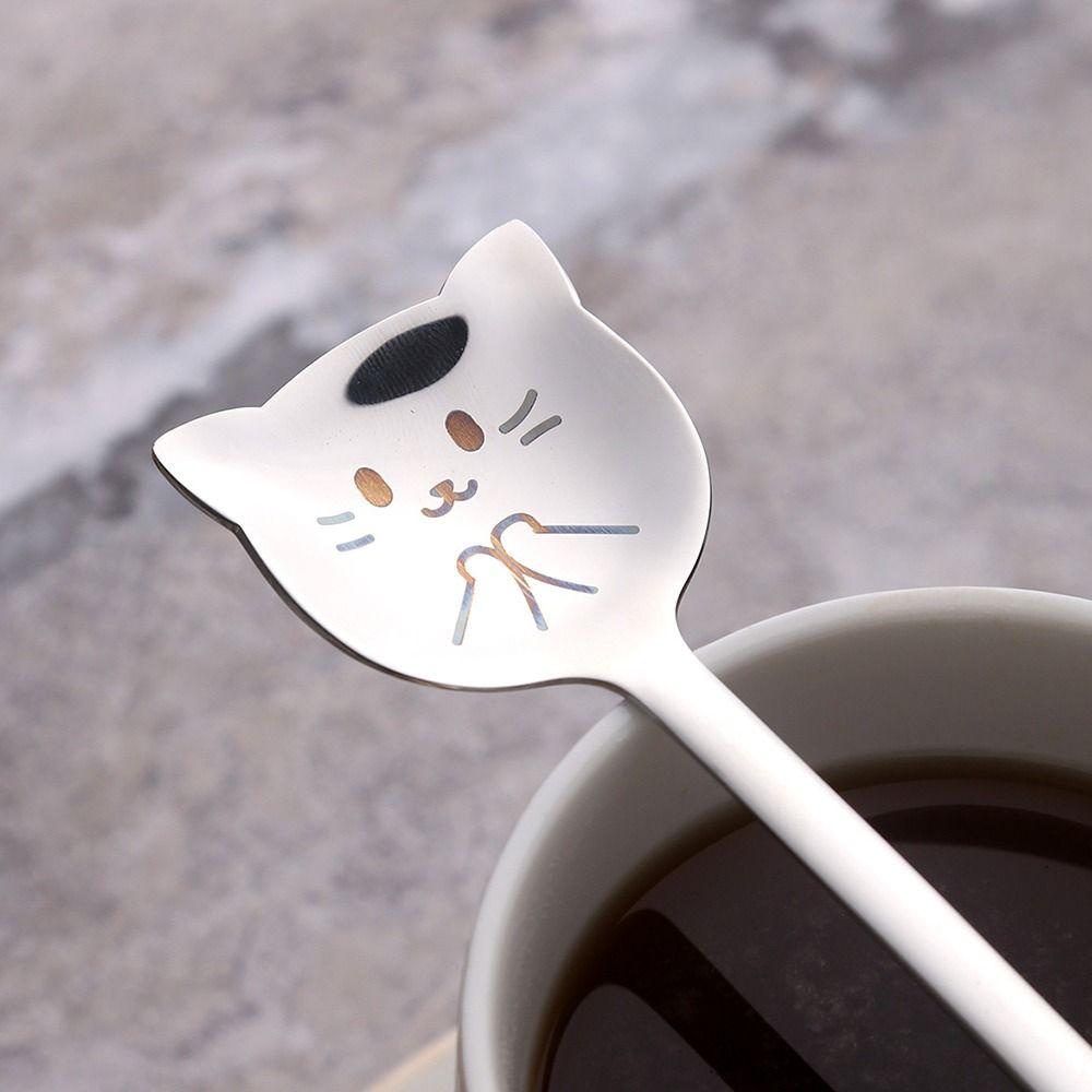 Solighter 2Pcs Dessert Spoon Kucing Lucu Stainless Steel Sendok Teh Kreatif Spoon