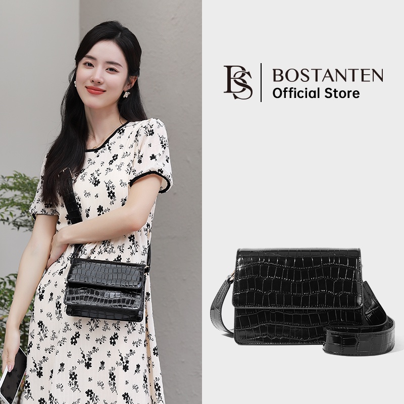 Bostanten Tas Wanita Bahan Minyak Lilin Kulit Pola Batu Tas Diagonal Satu Bahu