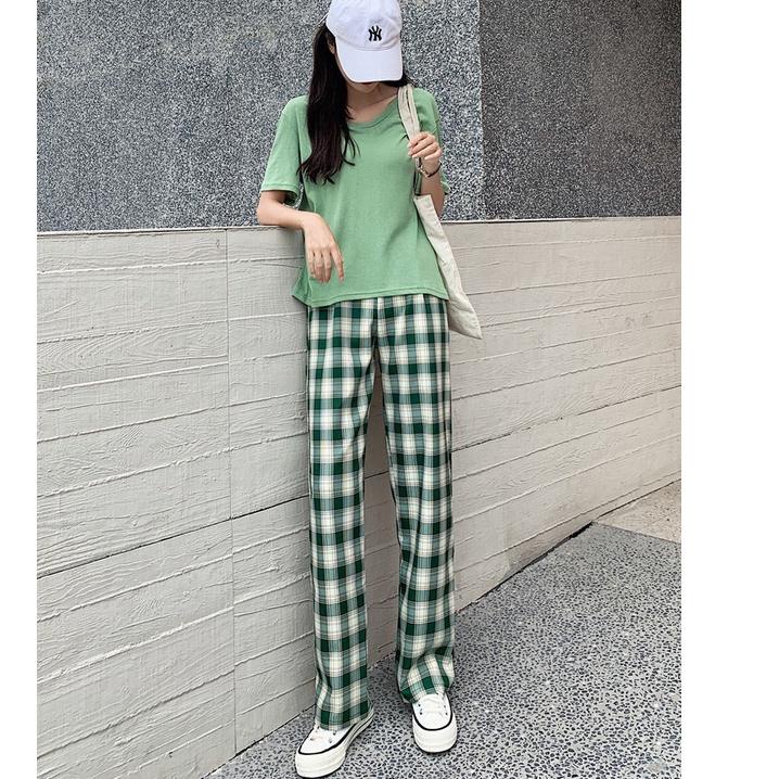 Terbaik Celana Kotak Kotak Wanita Celana Highwaist Wanita Kulot Celana Korea Pinggang Elastis Celana