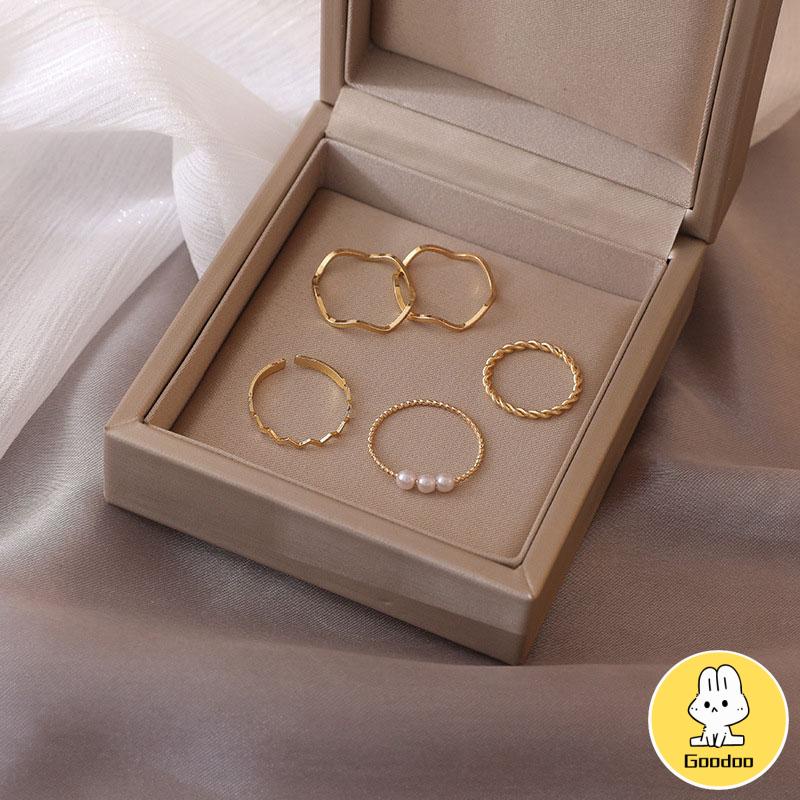 5 Pcs/set Cincin Korea Fashion Berlian Mutiara Aksesoris Untuk Wanita Rings-Doo