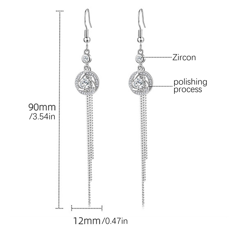 Anting Gantung Sterling Silver 925 Model Rumbai Panjang Dengan Zircon Bulat Untuk Wanita