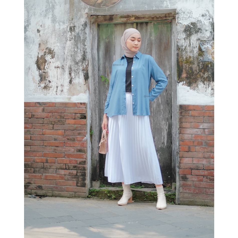 KEMEJA WANITA POLOS LENGAN PANJANG WANITA KATUN RAYON LONG SHIRT ORGANIK STEEL BLUE