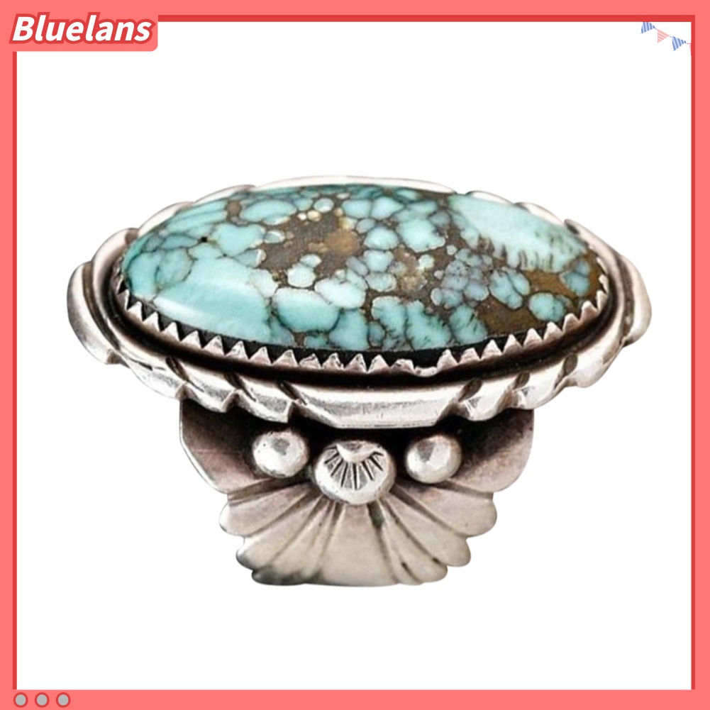 Cincin Antik Desain Ukir Aksen Turquoise Oval Untuk Pria Dan Wanita