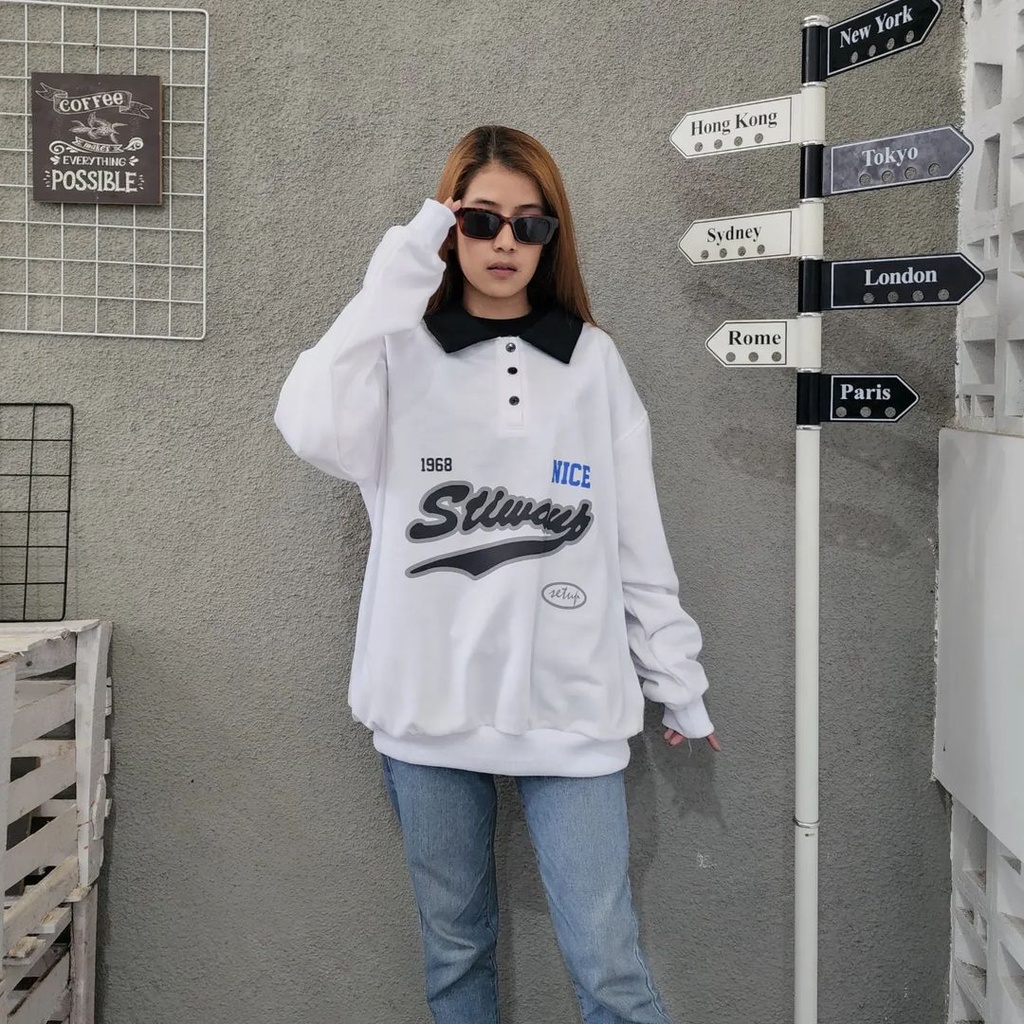 STIWAYS BUTTON COLAR 2XL Sweater Crewneck Berkerah Pria Wanita Oversize Atasan Switer Model Blouse Kekinian Outfit Kece Kasual Korean Style