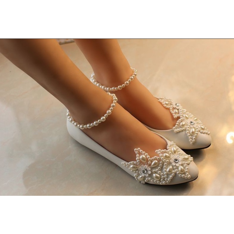 wedding shoes pearl anklet brides shoes low high heel women's wedding Flat shoe