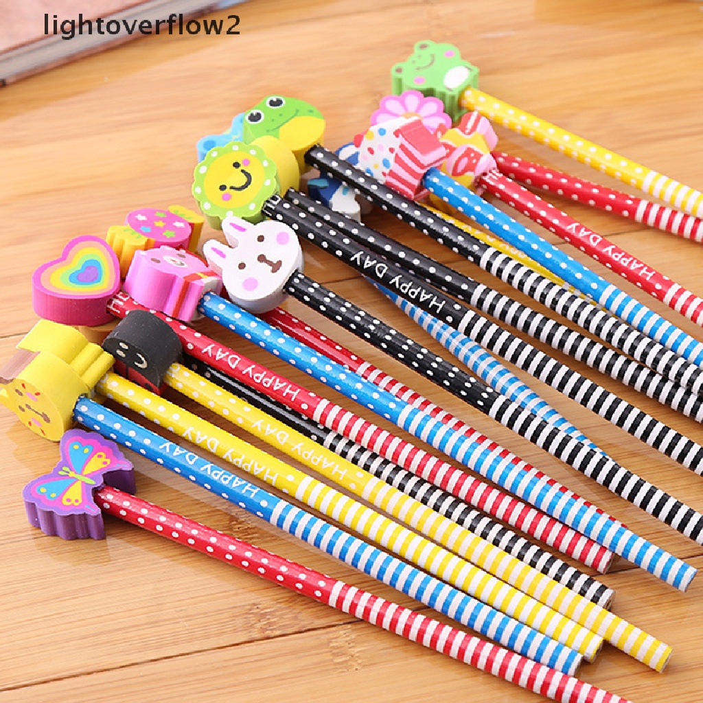 (lightoverflow2) 10pcs / lot Pensil 2 in 1 Motif Kartun Hewan Lucu Dengan Penghapus Untuk Anak