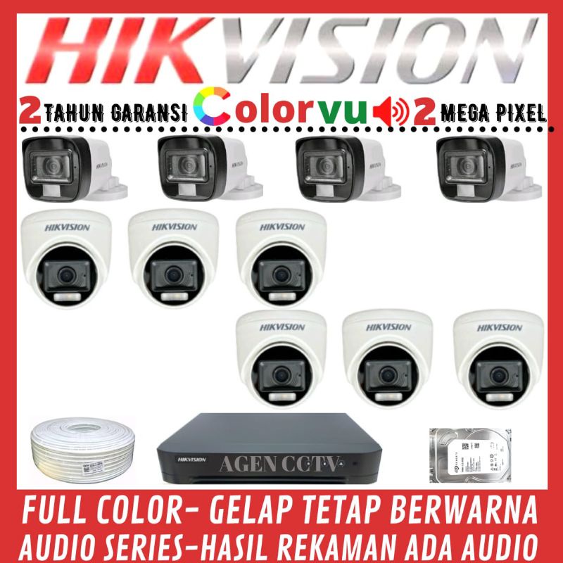 PAKET CCTV HIKVISION COLORVU 2MP 16 CHANNEL 10 KAMERA AUDIO FULL COLOR