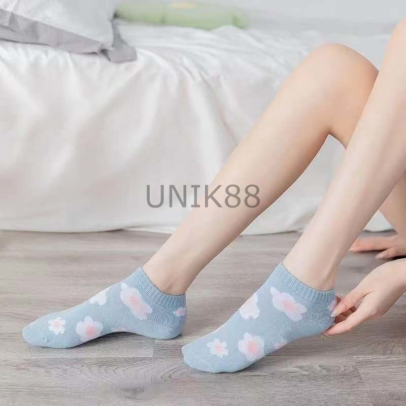 [UNIK88] Kaos Kaki Wanita Motif Bunga Biru Renda Garis Korea  / Kaos Kaki Semata kaki ankle shock