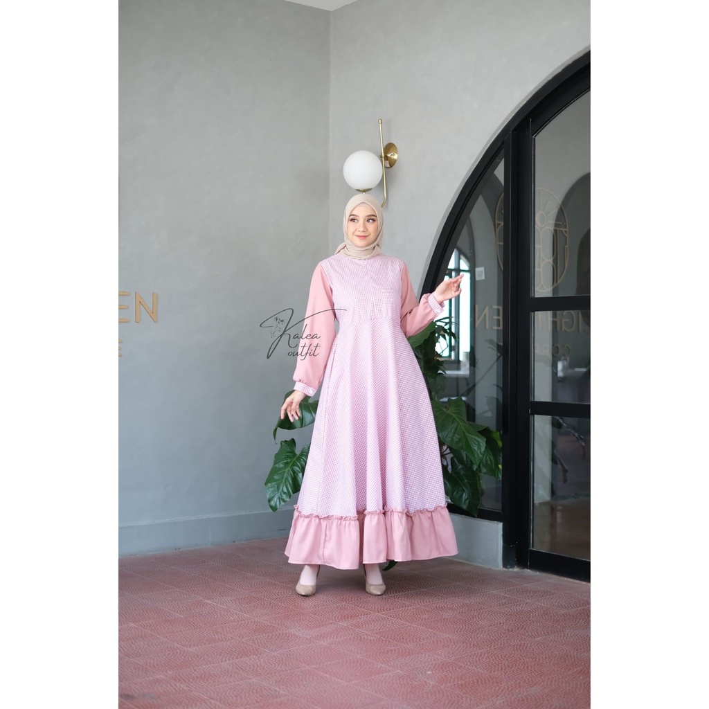 KALEAOUTFIT - ZALINA DRESS WARNA SOFT PINK MERAH MUDA MOTIF KOTAK PREMIUM - GAMIS JUMBO MURAH BUSUI 