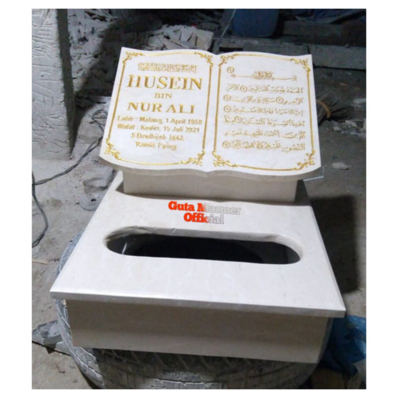Maesan + Tempat Bunga Batu Marmer Putih Nisan Model Buku