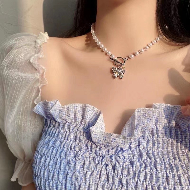 Kalung Korean Style Wanita Korea Love Pearl Necklace Butterfly Punk Silver Chain Heart Shape Choker Women Fashion Jewelry Accessories