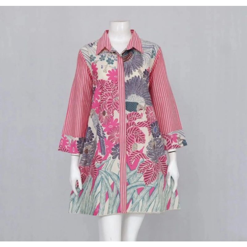 Tunik Batik Wanita Solo Eksklusif Motif Suket Hitam Dan Pink Bahan Katun Halus Kombinasi Garutan Sal