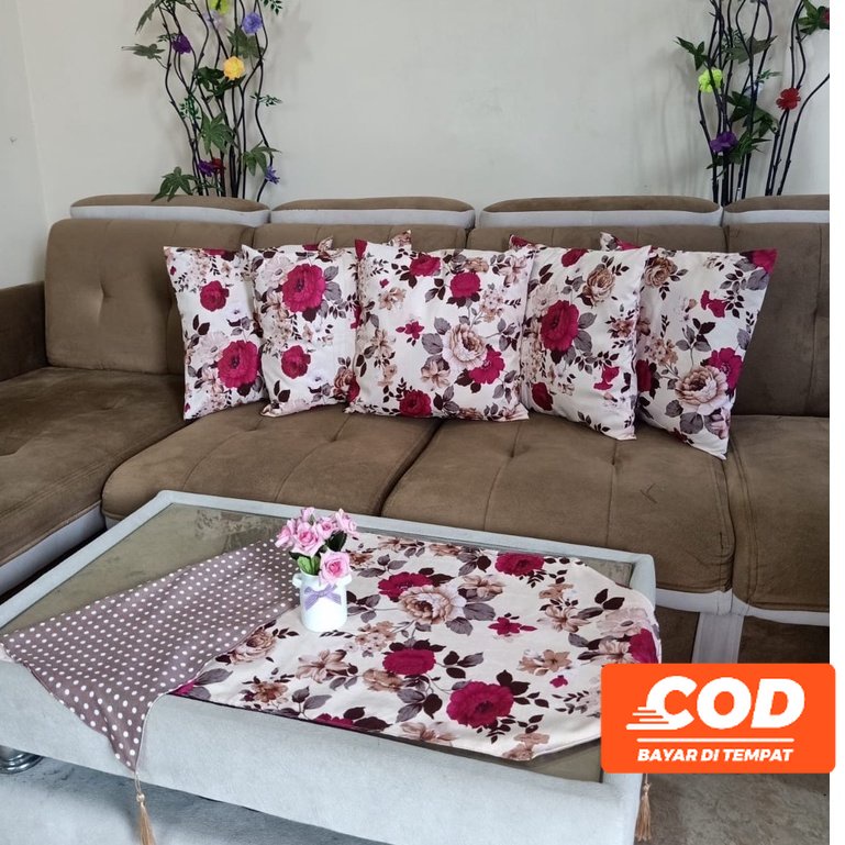 COD PAKET SARUNG BANTAL KURSI SOFA SET 5 PCS 40x40 DAN TAPLAK MEJA TAMU PREMIUM MEWAH ANEKA MOTIF PE