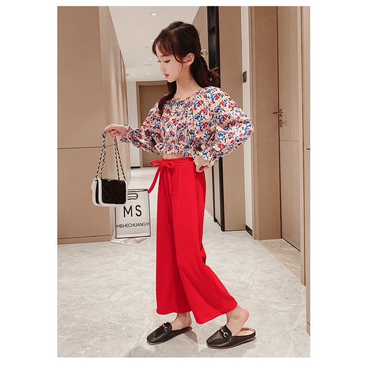 SSP55-Setelan Set Anak Korea Perempuan Blouse Crop Bunga2 + Celana Kulot Plisket