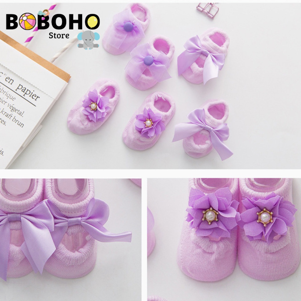 BOBOHO - KAOS KAKI BAYI PEREMPUAN NEWBORN 0-12 BULAN IMPORT KUALITAS PREMIUM KOREA MOTIF 3 JENIS BUNGA PITA