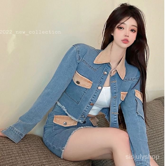 Denim setelan dua potong perempuan Hong Kong gaya mengurangi usia dicuci retro denim kemeja jaket hi