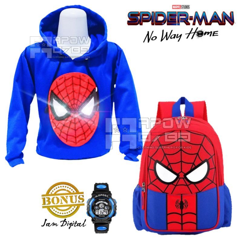 Paket Hemat 3in1 Jaket Sweater Hoodie anak Laki laki LED + Tas Ransel Dan Jam Tangan G-Shock