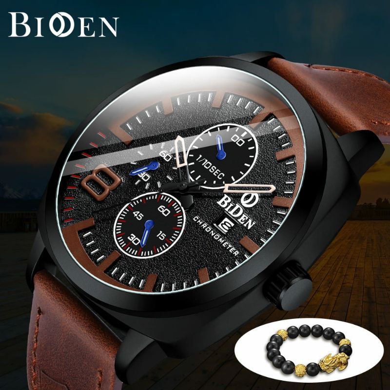 BIDEN 8006 ORIGINAL Jam Tangan Pria Anti Air Mode Olahraga Kuarsa Tali Kulit 3 Needle Dial Jam Tangan Cowok