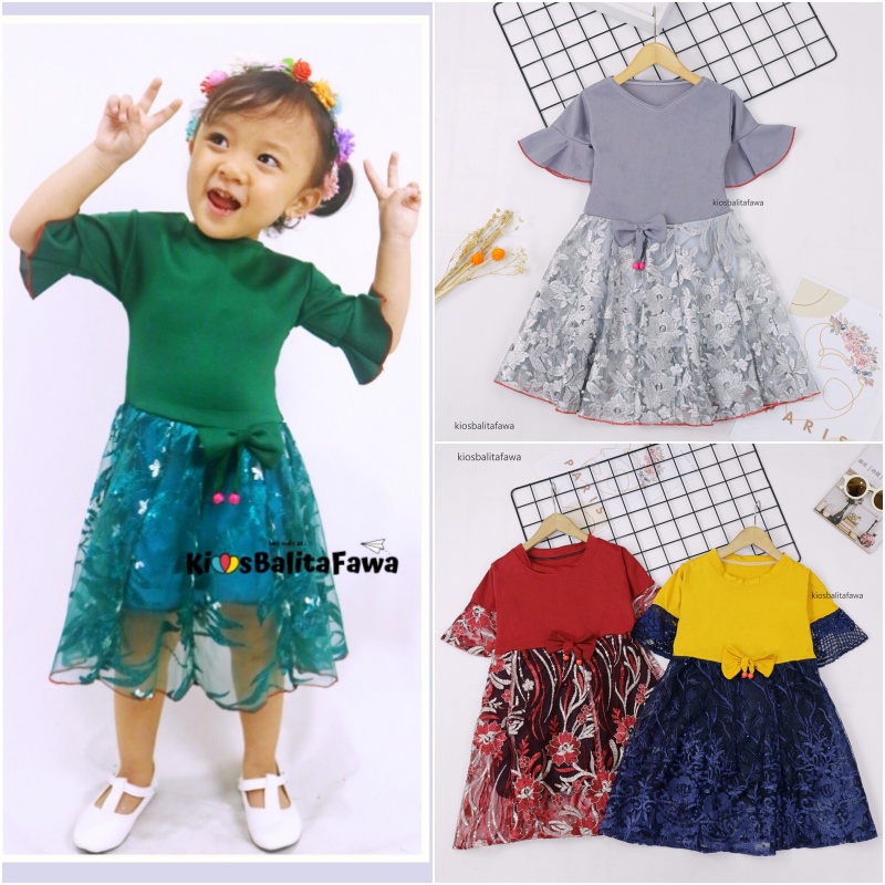 Dress Brokat Laura uk 5-6 Tahun / Dres Baju Anak Perempuan Motif Gaun Pesta Brukat Import Quality