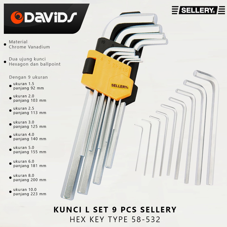 Kunci L Set Panjang Konci Baja Segi Enam 9 Pcs Hex Key Sellery 58532