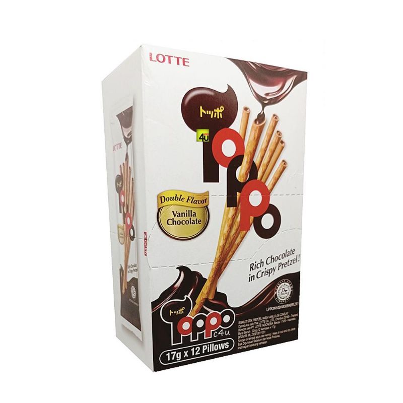 

lotte toppo rich chocolate crispy pretzel 1 box isi 12pcs - biskuit stik pretzel rasa vanilla cokelat 204g - jajan enak murah grosir