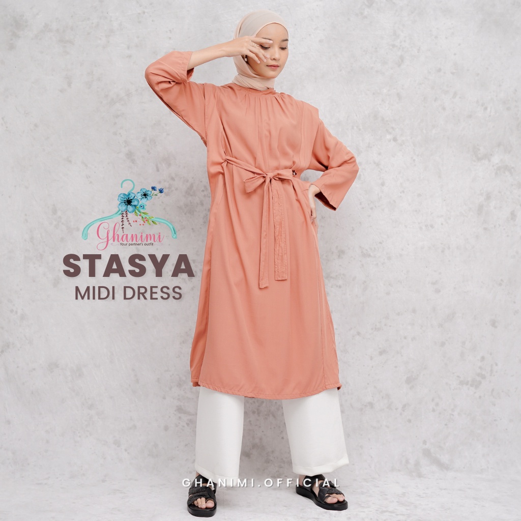 Ghanimi - Stasya Midi Dress / Dress Polos Tangan Panjang / gamis terbaru / dress kondangan kekinian / tunik tali polos lengan panjang / tunik casual formal simple