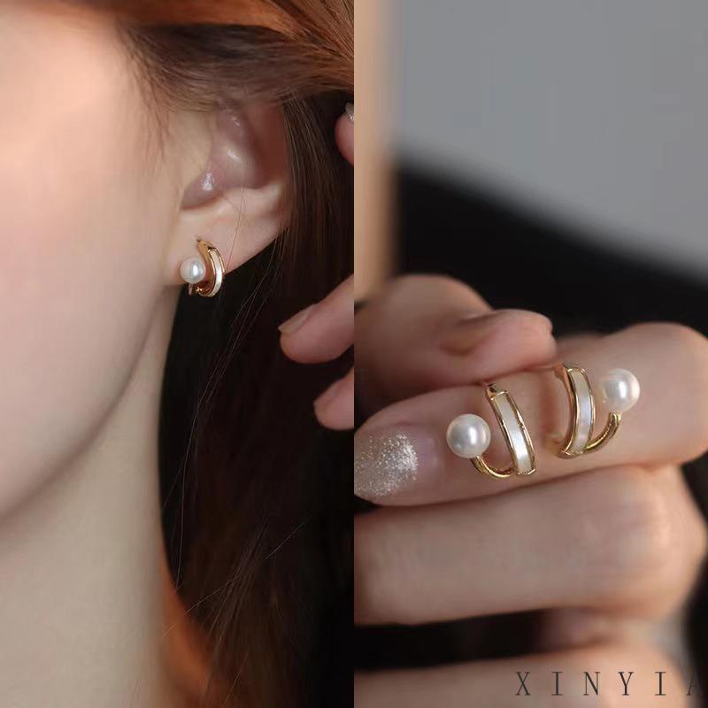 【Bayar di tempat】Anting Stud Huggie Mutiara Zircon Kecil Gaya Korea Klasik Elegan Untuk Wanita