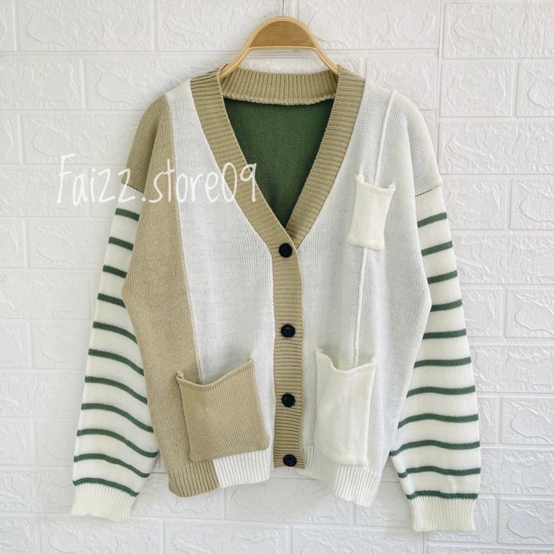 REGINA CARDIGAN RAJUT SAKU OVERSIZE MOTIF GARIS STRIPES TANGAN WANITA