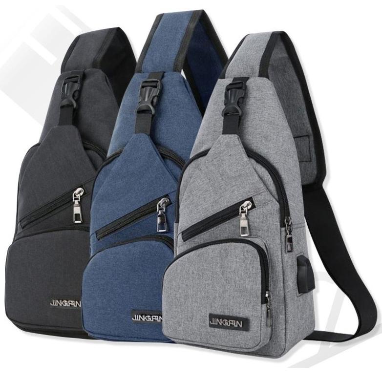 Tas Selempang Pria Cowok Kanvas Hp / Tas Canvas slempang Dada Usb Impor /Sling Bag Usb port murah [T