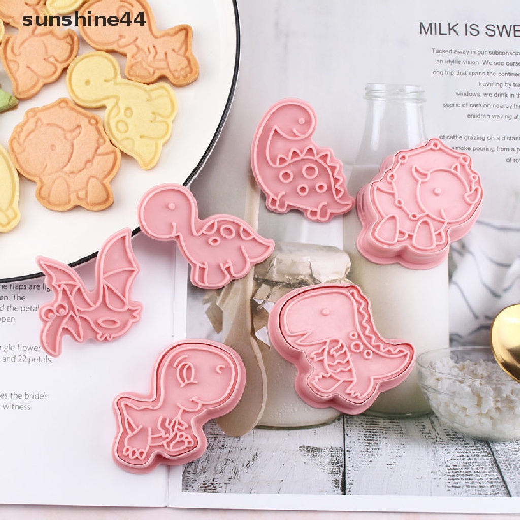 Sunshine 6Pcs / set Cetakan Pemotong Biskuit / Cookies Bentuk Dinosaurus 3D Bahan Plastik