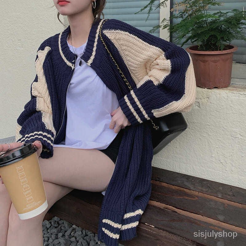 Sweater Retro Jepang Wanita Malas Musim Semi Baru Desain Niche Warna Kontras Jahitan Lengan Panjang