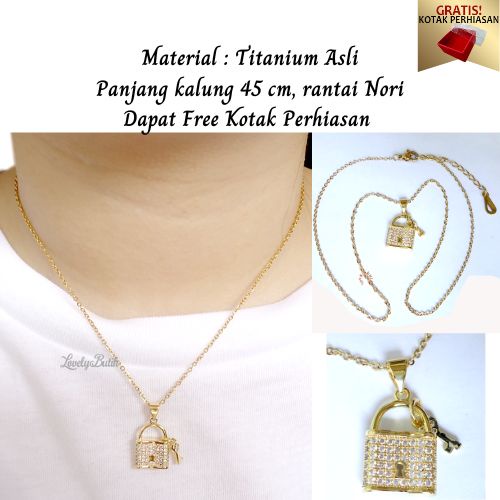 Promo Gratis Kotak Perhiasan - Kalung Titanium Wanita Anti Karat NIkita Kalung Wanita Model Liontin Tas Gembok Kunci New - Lovelybutik