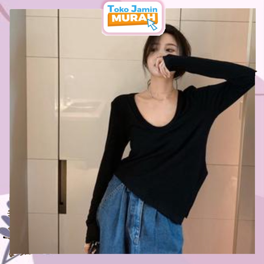 TJM BJ283 Baju Wanita Korean Basic Crop Top U-Neck Atasan Wanita Lengan Panjang (M-XXL)