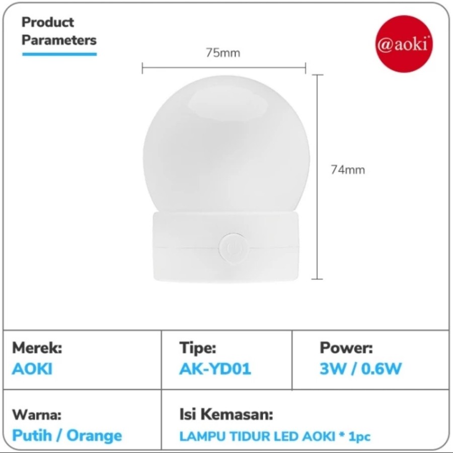 Lampu Tidur 3W 0.6W Cahaya Putih Dan Kuning Aoki AK YD01 ORIGINAL