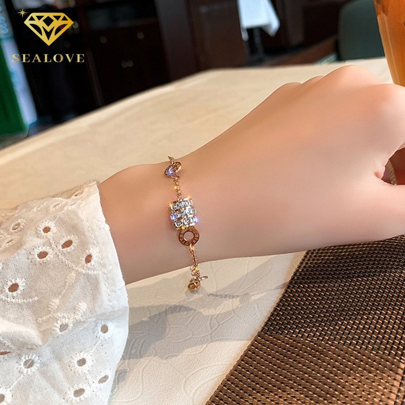 Gelang Titanium Wanita Anti Karat Roman Digital Diamond Liontin Gelang Aksesoris Fashion Korea