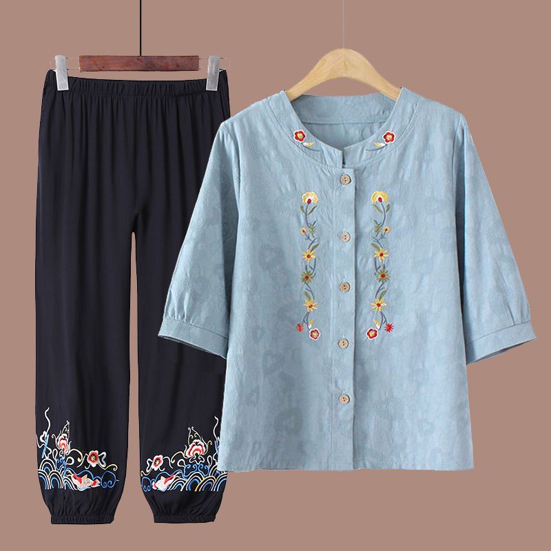 Gaun musim panas paruh baya dan orang tua, setelan dua potong wanita, gaun nenek, gaun