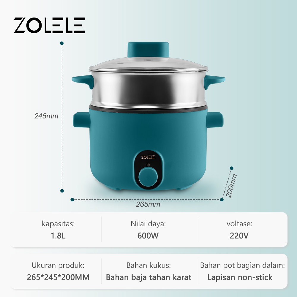 ZOLELE Panci Listrik 1.8L Rice Cooker Penanak Nasi Serbaguna Electric Pot 2 -Layer Panci Kukus Panci Rebus Mengukus Menggoreng Merebus Non-Stick Home Kitchen Steamer ZC002X