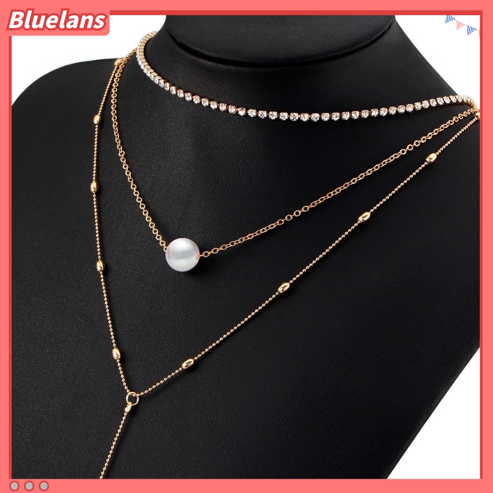Kalung Choker Rantai Multilayer Hias Mutiara Berlian Imitasi Untuk Wanita