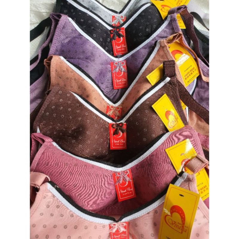 3pcs(1/4 lusin) Bh Sport Bra Murah Tanpa Kawat/Busa Les Garis Corak Polkadot