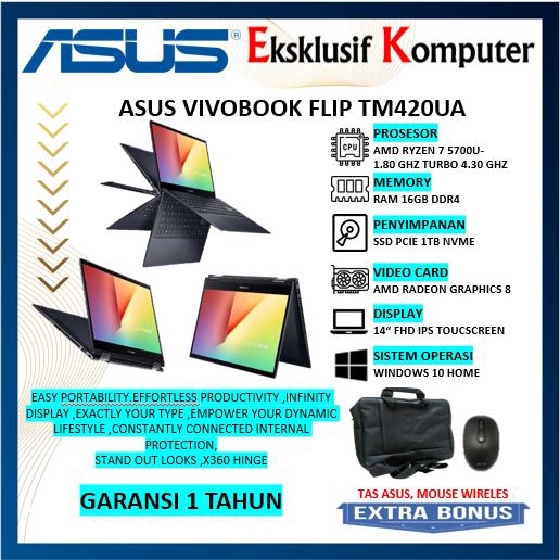 LAPTOP HIGH ASUS VIVOBOOK FLIP TM420UA RYZEN 7 5700U RAM 16GB SSD 1TB FHD TOUCH WIN10 BLUE