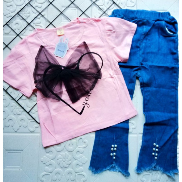 SETELAN CELANA JEANS CUTBRAY ANAK PEREMPUAN IMPORT 4-8 TAHUN LENGAN PENDEK / SETELAN ANAK CEWEK IMPORT KOREAN STYLE CELANA JEANS CUTBRAY MUTIARA + KAOS PITA