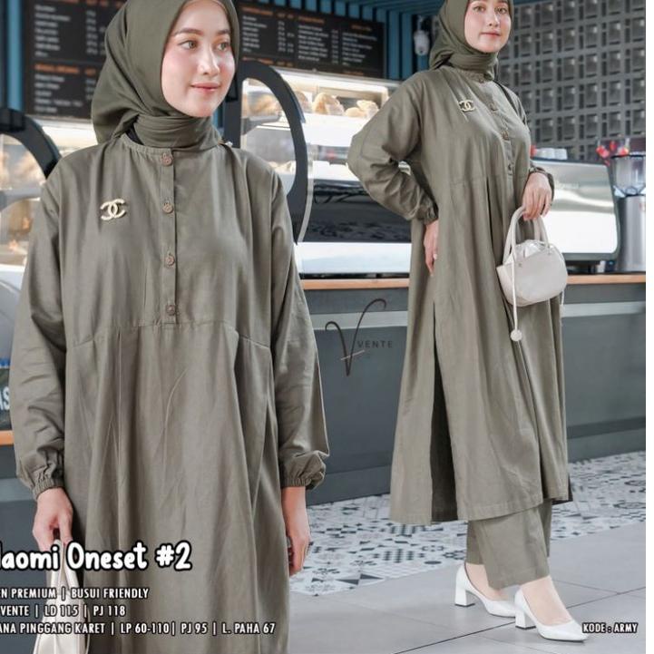 NAOMI ONE SET#2 // SETELAN WANITA POLOS // LINEN RAMI PREMIUM CELANA LD 112 // LONG TUNIK KANCING AK
