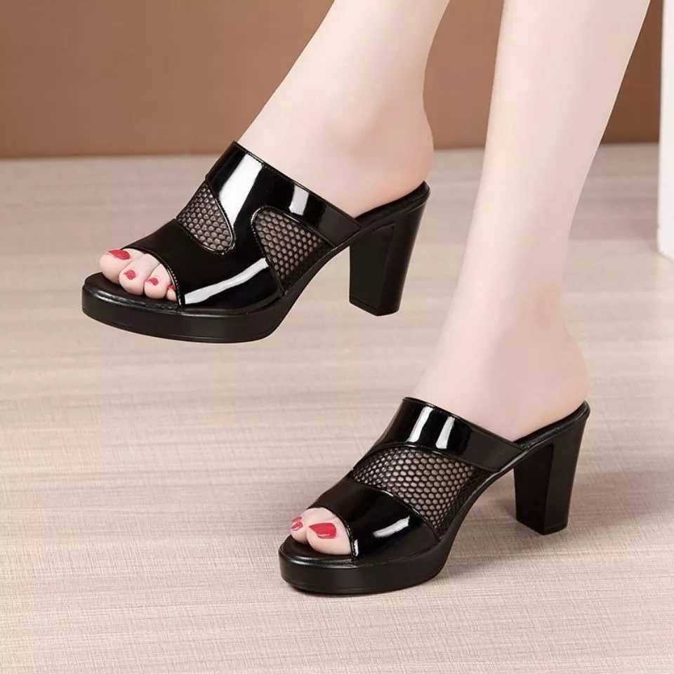 sandal heels wanita jaring selop korean style kondangan