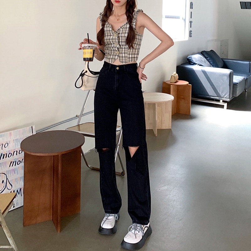 Hitam Import Fashion High Waist Robek Celana Jeans Panjang Wanita