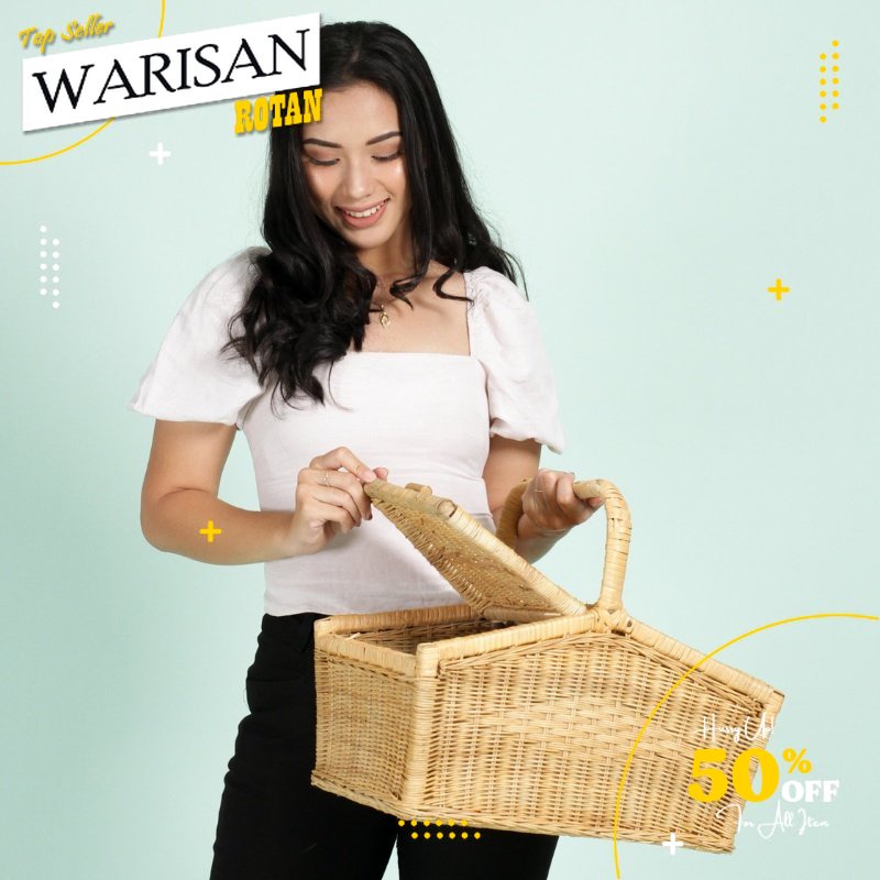 Keranjang Piknik Jumbo / Keranjang Piknik Aesthetic / Keranjang Piknik Rotan Alami Lucu / Keranjang 