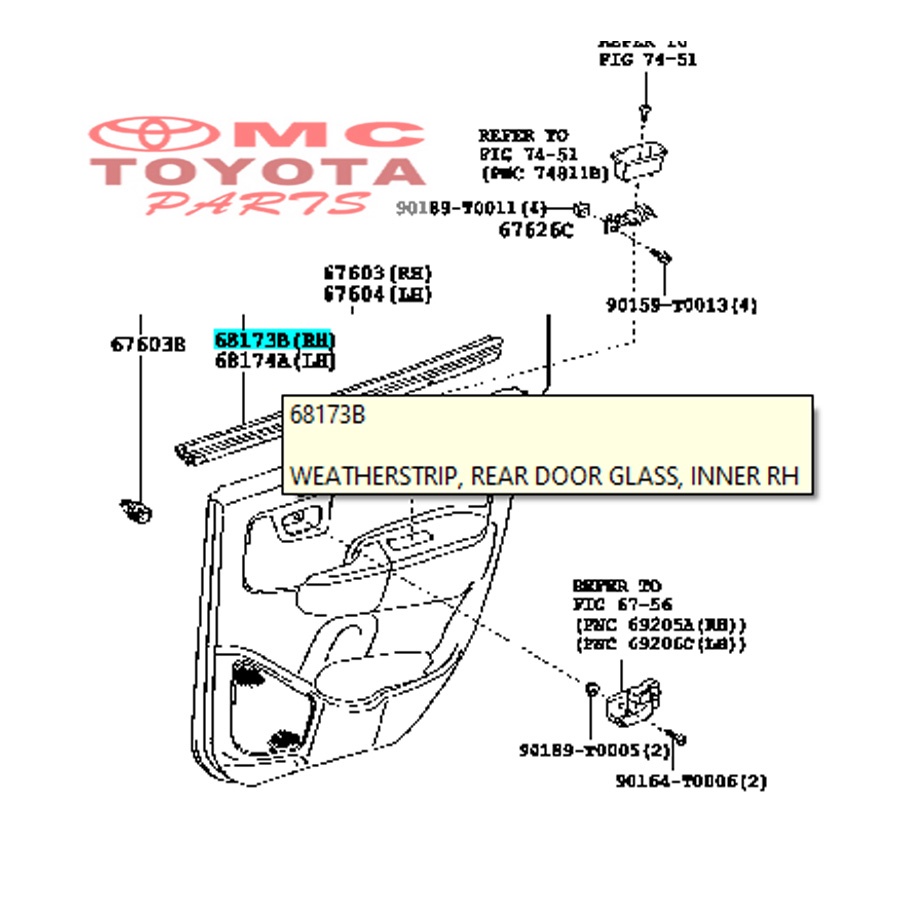 Pelipit Pintu Karet Kaca Dalam Belakang Kanan Fortuner 68173-0K020