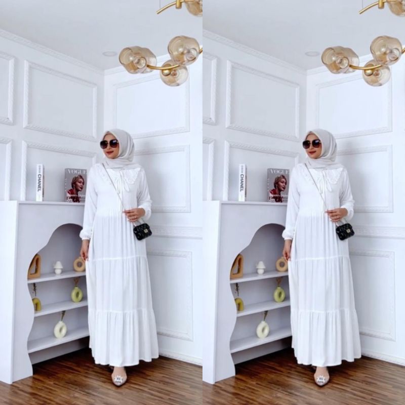 Maxi dress hitam putih polos Amora katun twill Maxi dress tali pinggang gamis busui friendly dress w
