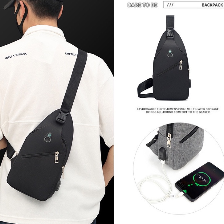 Tas Selempang Pria Dengan Port USB Charger / Tas Pria Import Waterproof