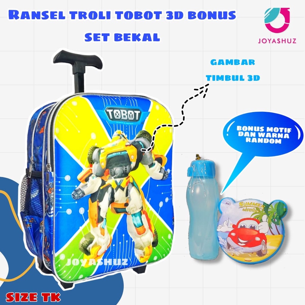 Tas Troli Anak Laki Laki Karakter Tobot Gratis Bonus - Ransel Anak Laki-laki - Ransel Troli Anak TK - Troli Tobot 3D - Tas Gratis Botol -  Tas Sekolah Anak Troli - Tobot - Tas Dorong Tobot - Joyashuz